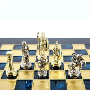 Manopoulos Greek Roman Army Chess Set - Brass Nickel Pawns - Blue chess Board - Picture 1 of 5