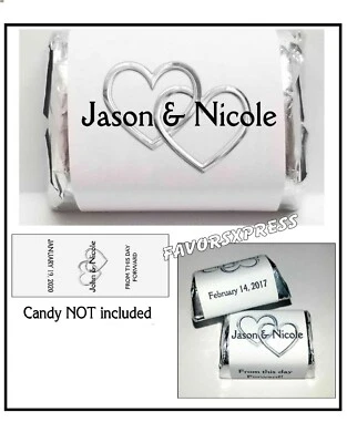 银色心形婚礼爱好者糖果包装标签 ~ 个性化 — 第 1/2 张图片