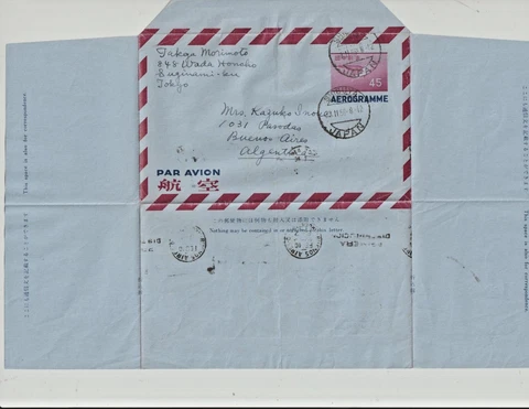 JAPAN 1958  45s AEROGRAMME VIA AIRMAIL FROM Shibuya  to Argentina Cover