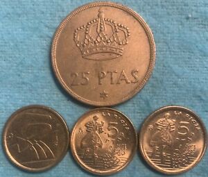 Spain 4 coins - 25 Pesetas 1975 and three 5 Pesetas 1992, 1996 and 1996 