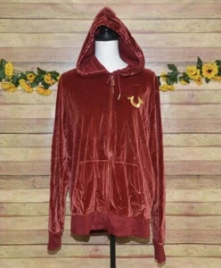 True Religion Ladies Burgundy Red Velvet Zip Up Hoodie Size XL Logo Casual Warm - Picture 1 of 13