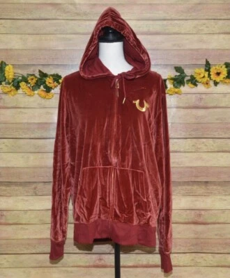 Sudadera con Capucha True Religion Damas Borgoña Rojo Terciopelo Cremallera Talla XL Logo Informal Cálida Foto 1 de 4