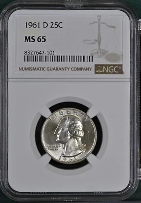 Moeda de 25 centavos de prata 1961 D Washington NGC MS65 - Imagem 1 de 2
