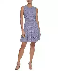 Abito DKNY Gingham con orlo a balza aderente e svasato a trapezio blu navy taglia 6 - Foto 1 di 2