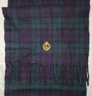 De Colección Lauren Ralph Lauren Clásico Azul Marino y Verde Bufanda de Lana a Cuadros con Flecos Foto 1 de 4