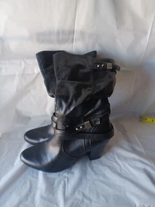 Black Boots White Mountain Slouch Faux Leather Mid Calf 3 Inch Heel Size 8.5 SEE - Picture 1 of 9