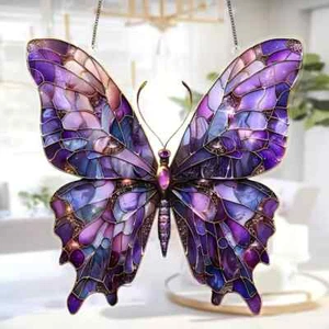 Purple Butterfly Open Wings Design Suncatcher Stained Glass Effect Decor - Picture 1 of 3
