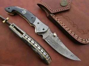 Custom Made Damascus Steel Folding Knife With Horn Handle Exellent Birthday Gift - Picture 1 of 6