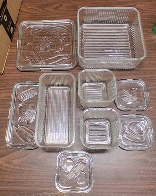 Vintage Federal Glass Vegetable Pattern Refrigerator Dish Set of 4 With Lids ++ - Image 1 of 4