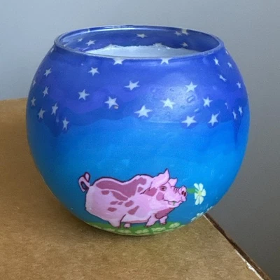 Vela de cerdo de vidrio brillante Bright Creations hecha a mano en EE. UU. 80 horas defecto de combustión Foto 1 de 4