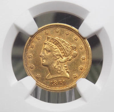 1861 $2.5 Gold Liberty Head *NEW REVERSE* T.2 NGC AU55 #002 About Unc ECC&C, Inc - Image 1 of 4
