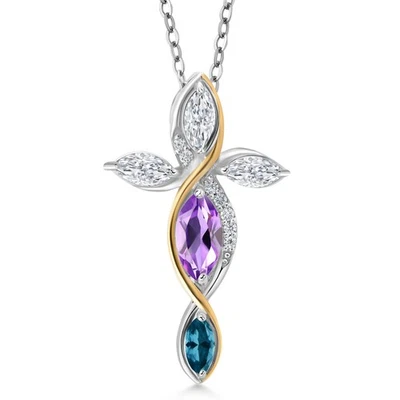 Collar Cruz Para Mujer En Plata 925 y Oro Amarillo 10K con Amatista y Foto 1 de 3