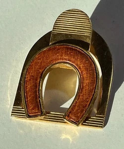 Lucky Horseshoe Money Clip Brn Patterned Leatherette Gold Tone Metal 2in x 1.5in - Picture 1 of 5