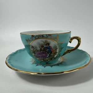 Josef Kuba 24K Porcelain Cup Saucer German Bavarian Couple Robin Egg Blue - Picture 1 of 9