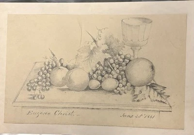 19th C.  1861 Eugene Christ pencil Drawing Still Life Fruit - Image 1 of 4