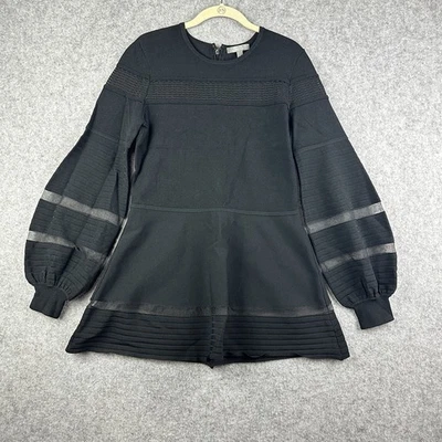Lela Rose Dress Womens L Black Luxe Knit Sheer Balloon Sleeve Mini Flare Zip - Image 1 of 4