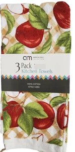 SET OF 3 SAME PRINTED TERRY KITCHEN COTTON TOWELS (16x26") WHOLE & CUT APPLES,AM - Picture 1 of 10