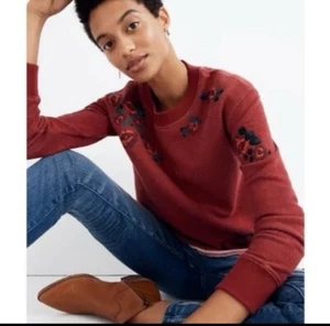 Madewell Embroidered Floral Cutoff red Crewneck Women's Sweatshirt XXS NEW#CB9 - Picture 1 of 12