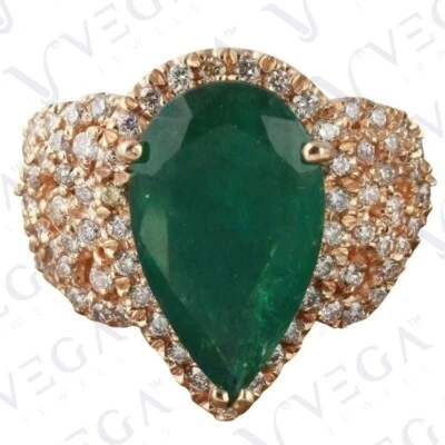Anillo enchapado en oro rosa de 18 quilates con diamantes y esmeralda verde natural talla pera de 6,80 quilates Foto 1 de 4