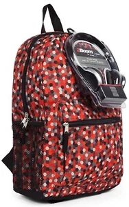 Mochila escolar de viaje para niños roja digital hexa camuflaje patrón manchado con auriculares  - Imagen 1 de 5