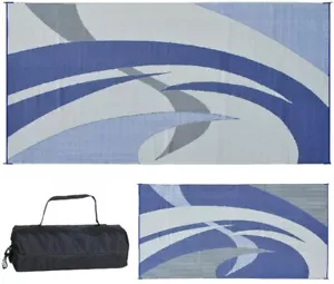Outdoor Patio Deck RV Mat Reversible Rug 9 x 18 ft Foldable Blue Gray Grey Swirl - Picture 1 of 4