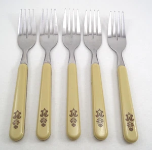 5 Salad Forks Pfaltzgraff Village Pattern Stainless with Plastic Handles Taiwan - Picture 1 of 8