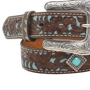 Elegant Girls' Tooled Leather Belt with Turquoise Details - Perfect for Cowgirls - Picture 1 of 7