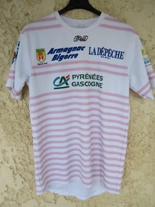 Maillot rugby U.S.V XV VIC EN BIGORRE porté n°18 shirt blanc rose moulant XL - Afbeelding 1 van 5