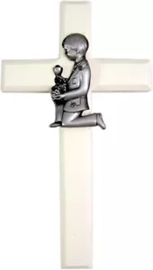 Boy's First Communion White Painted Wood Wall Cross with Kneeling Boy - Picture 1 of 4