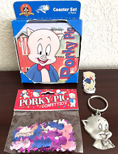 Porky Pig Heavy Pewter Key Chain, Coaster Set, Eraser, Confetti,  1994- NEW