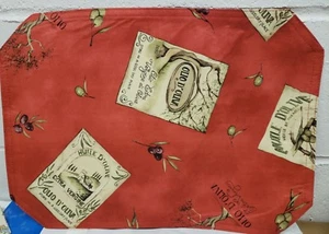 SET OF 3 FABRIC LINEN PLACEMATS 12" x 18", OLIVES, OLIO D'OLIVA ON RED by BH - Picture 1 of 7