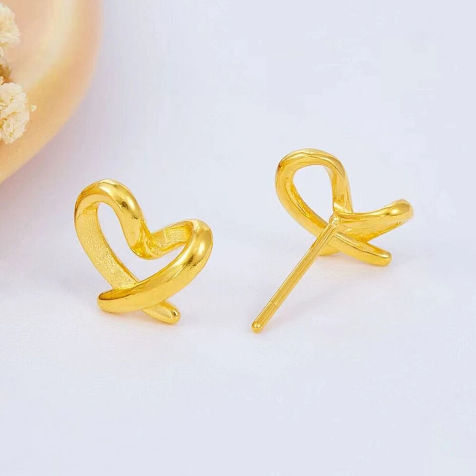1 Pair Pure 999 24k Yellow Gold Stud Women Lucky Gift Cross Heart Earrings 1.79g - Image 1 of 4