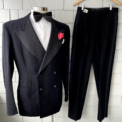 30s 40s Vintage Black 2pc Mens Wool Double Breasted Faille Lapel Tuxedo Size 44 - Image 1 of 4