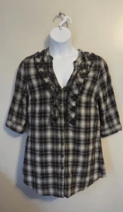 Converse Plaid Flannel Tunic Length Flannel Shirt Ruffle Cottagecore Boho XL - Picture 1 of 5