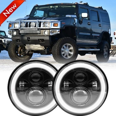 For Hummer H2 H3T 05 -10 Pair 7'' Inch Round LED Headlight Combo Hi/Lo Beam - Image 1 of 4