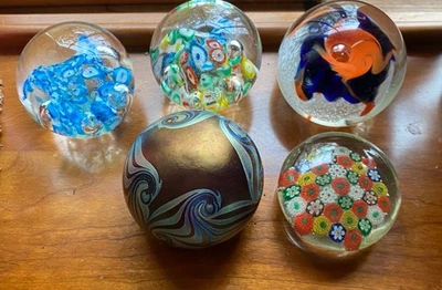 Five Vtg Art Glass Hand  Blown Paper Weights, Millifiore / Excellent/ One Signed - Image 1 of 4