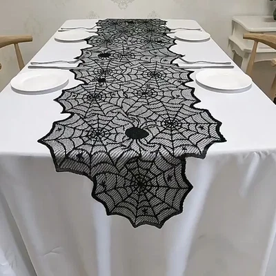 Halloween Deko Spitze Spinnennetz Skelett Totenkopf Tischdecke schwarz - Bild 1 von 4