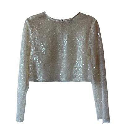 JASON WU Sequin Sheer Net Layered Sparkly Crop Top Long Sleeve Champagne Small - Image 1 of 4