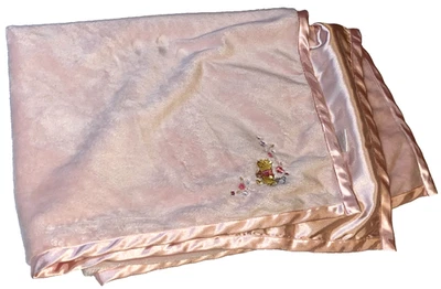 N2 !WOW! Vintage Winnie the POOH Pink Plush Minky Velour Satin Baby Crib Blanket - Image 1 of 4