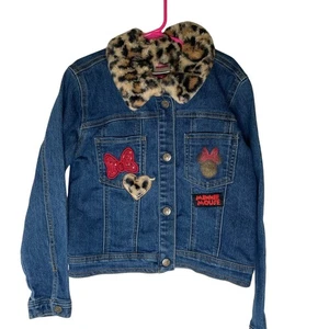 Disney Kids Denim Jacket with Leopard Print Collar size 7/8 - Picture 1 of 5