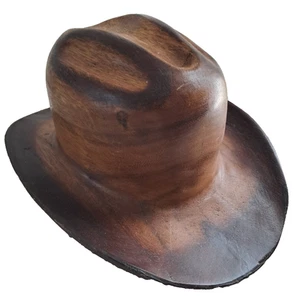 Vintage Rustic Country Wooden Cowboy Hat Hand Carved Solid Wood 10" L 7.5"W 5"T - Picture 1 of 11