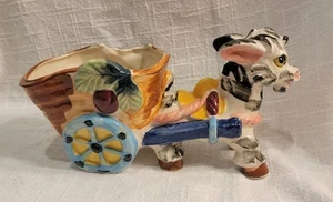 Vintage 1950s Ceramic Donkey Planter Pulling Cart Colorful Tabletop Decor 6.5" H - Picture 1 of 10