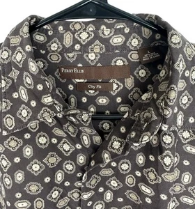 1990's Perry Ellis Men’s Silk Blend L/S Shirt Brown Paisley Vintage Size LARGE - Picture 1 of 8