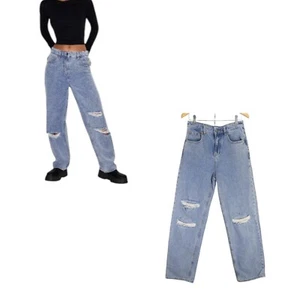 MOTEL Rips Parallel Jeans Blue Womens Denim Pants Distress Buggy Teen Size XS - Picture 1 of 18