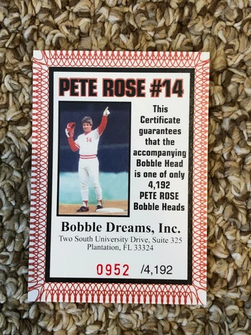 Pete Rose 2003 Bobble Dreams HIT KING Bobblehead COA card HIT KING ~ #952/4192 Cover