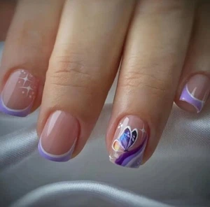 24 Short Square Lilac Purple French Tip Butterfly Press On False Nails Brand New - Picture 1 of 5