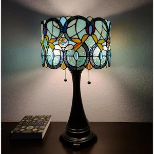 Stained Glass Drum Shade Floral Table Lamp Accent Reading 21in Tiffany Style - Picture 1 of 7