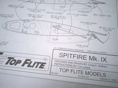 Top Flite Spitfire MkIX Gold Edition 60 Size Plans/Manual/Decals SPF6D01R OEM - Image 1 of 4