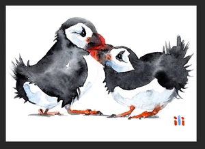 ACEO Watercolor Print Cute Puffin Couple Art Painting by ili - Picture 1 of 3