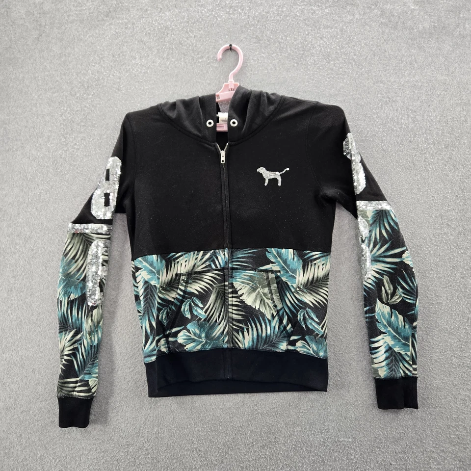 ROSA Victoria's Secret Mujer Sudadera con Capucha S Negra Floral Brillante Lentejuelas Cremallera Completa LEER Foto 1 de 4